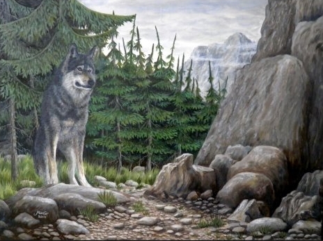 Wolf in berglandschap met olieverf